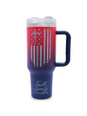 Faith Family Freedom Tumbler Patriotic Flug Red Blue w/ Lid & Straw -New in Box